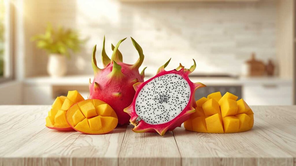 Sliced ​​fresh dragon fruit (pitaya) with mango - an exotic superfood